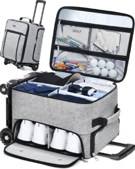 CAB55 Golf Trunk Organizer with 4 Wheels, 2 Layer Waterproof Car Golf Organizer with Separate Ventilated Compartment for 2 Pair Shoes, Golf Trunk Storage for Clothes, Accessories, Golf Gifts
